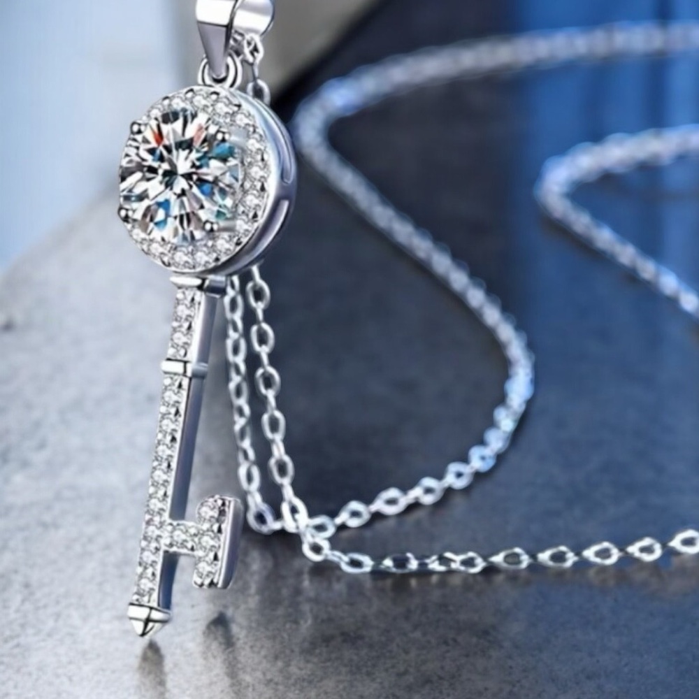 Certified Moissanite Classic Key 925 Sterling Silver Pendant Necklace
